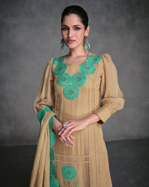 Thread Work Beige Organza Silk Readymade Salwar Suit With Organza Dupatta