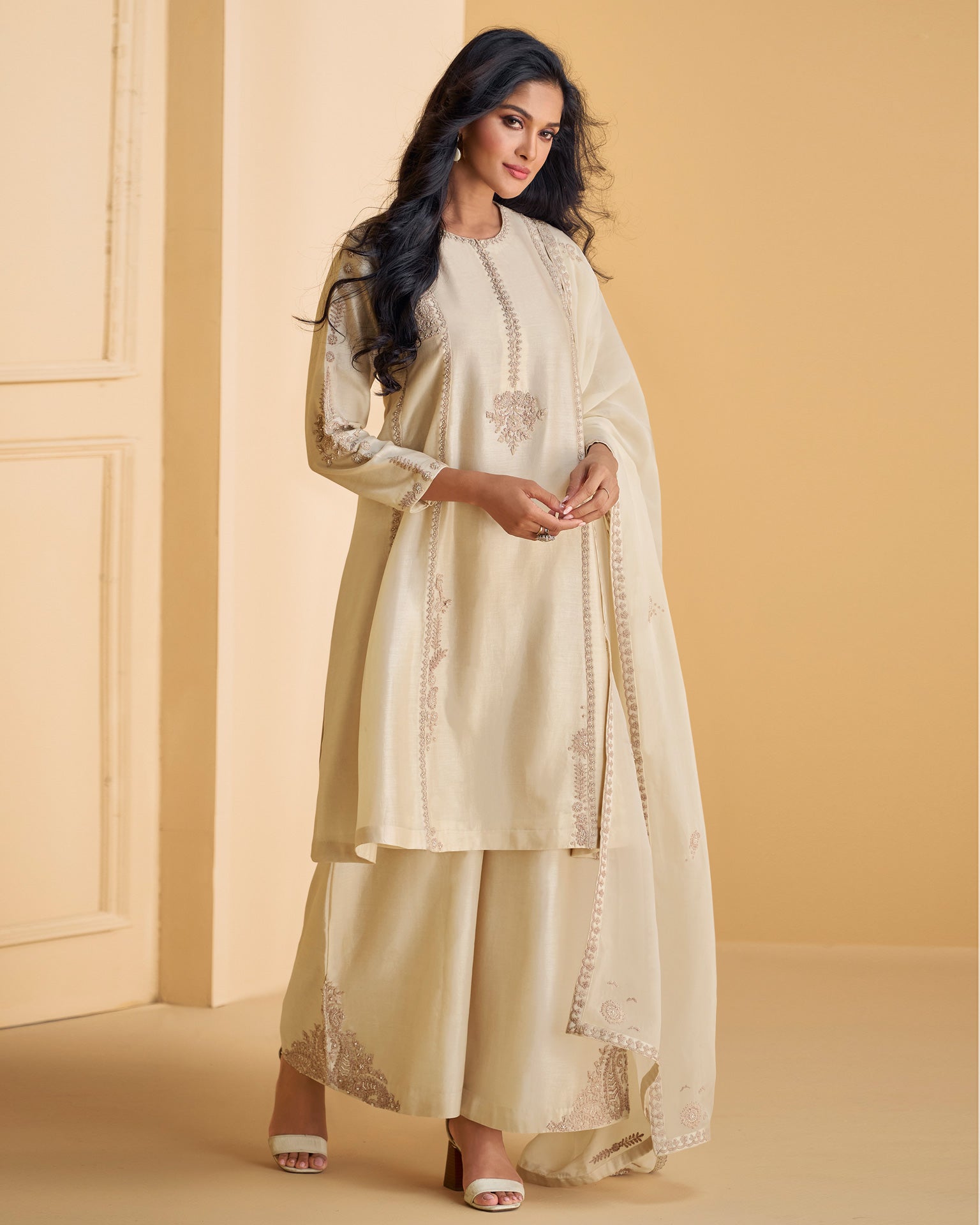 Cream Silk Thread & Moti Work Palazzo Suit With Embroidered Organza Dupatta