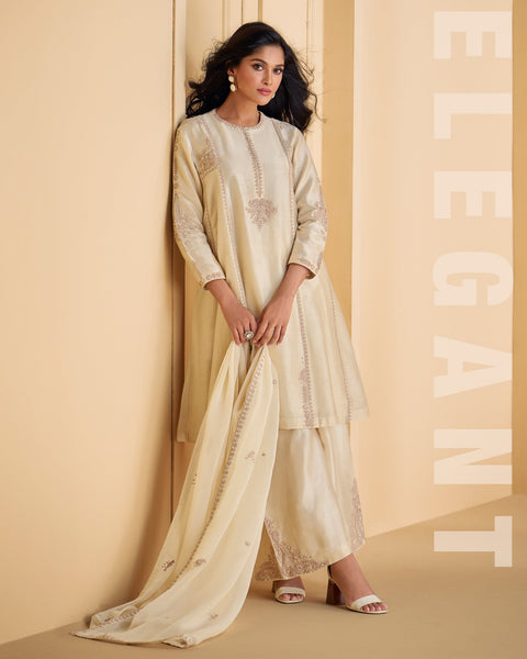 Cream Silk Thread & Moti Work Palazzo Suit With Embroidered Organza Dupatta