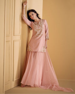 Pink Silk Zarkan Work Palazzo Suit With Embroidered Organza Dupatta