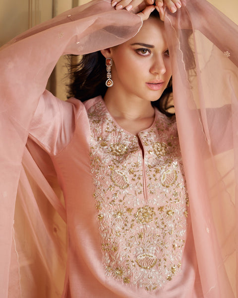 Pink Silk Zarkan Work Palazzo Suit With Embroidered Organza Dupatta