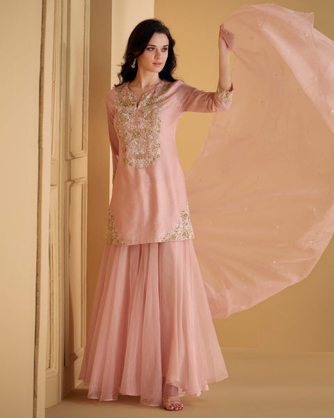 Pink Silk Zarkan Work Palazzo Suit With Embroidered Organza Dupatta