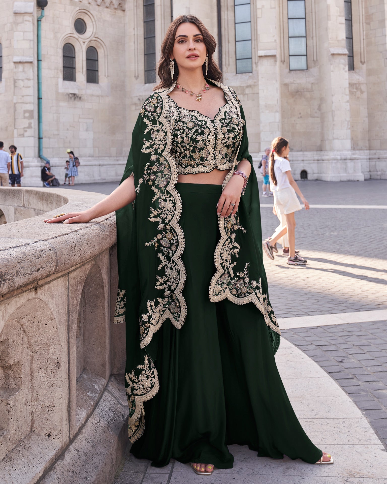 Green Silk Women Readymade Beads & Mirror Work Crop Top Palazzo With Shrug