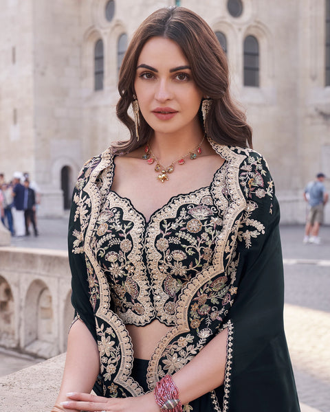 Black Silk Women Readymade Beads & Mirror Work Crop Top Palazzo With Shrug