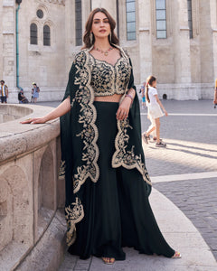 Black Silk Women Readymade Beads & Mirror Work Crop Top Palazzo With Shrug