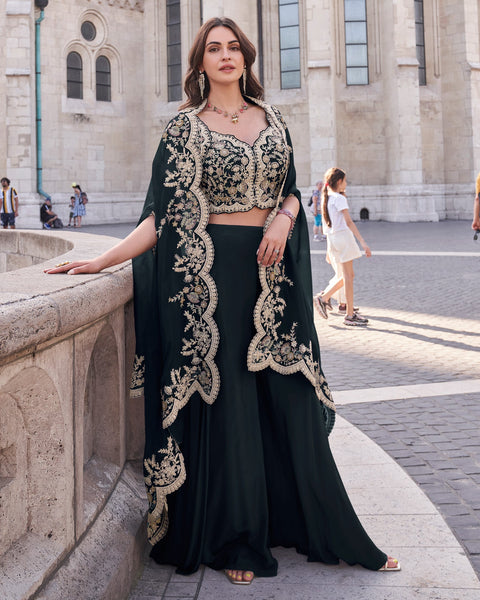 Black Silk Women Readymade Beads & Mirror Work Crop Top Palazzo With Shrug