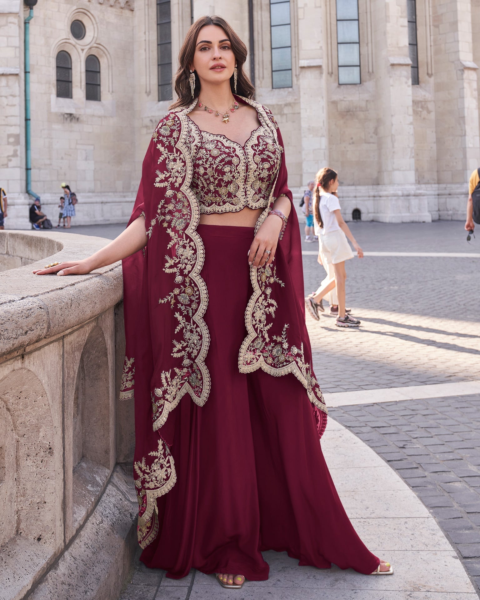 Maroon Silk Women Readymade Beads & Mirror Work Crop Top Palazzo With Shrug