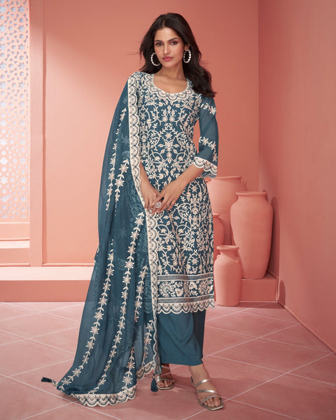 Blue Organza Silk Thread Embroidered Palazzo Suit With Embroidered Organza Dupatta