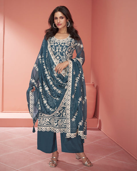 Blue Organza Silk Thread Embroidered Palazzo Suit With Embroidered Organza Dupatta