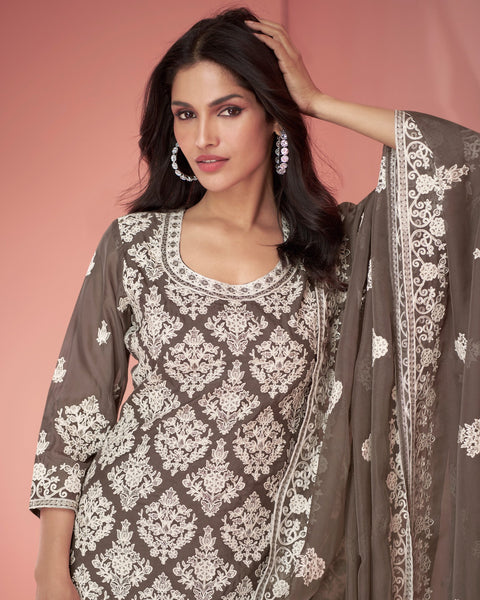 Brown Organza Silk Thread Embroidered Palazzo Suit With Embroidered Organza Dupatta