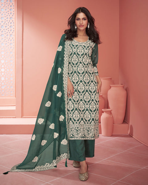 Green Organza Silk Thread Embroidered Palazzo Suit With Embroidered Organza Dupatta