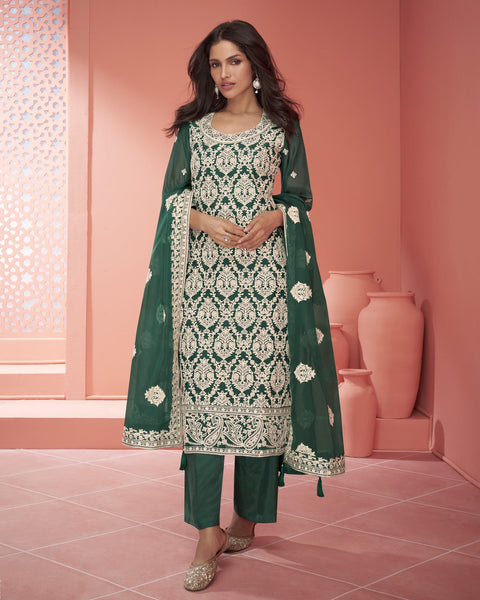 Green Organza Silk Thread Embroidered Palazzo Suit With Embroidered Organza Dupatta