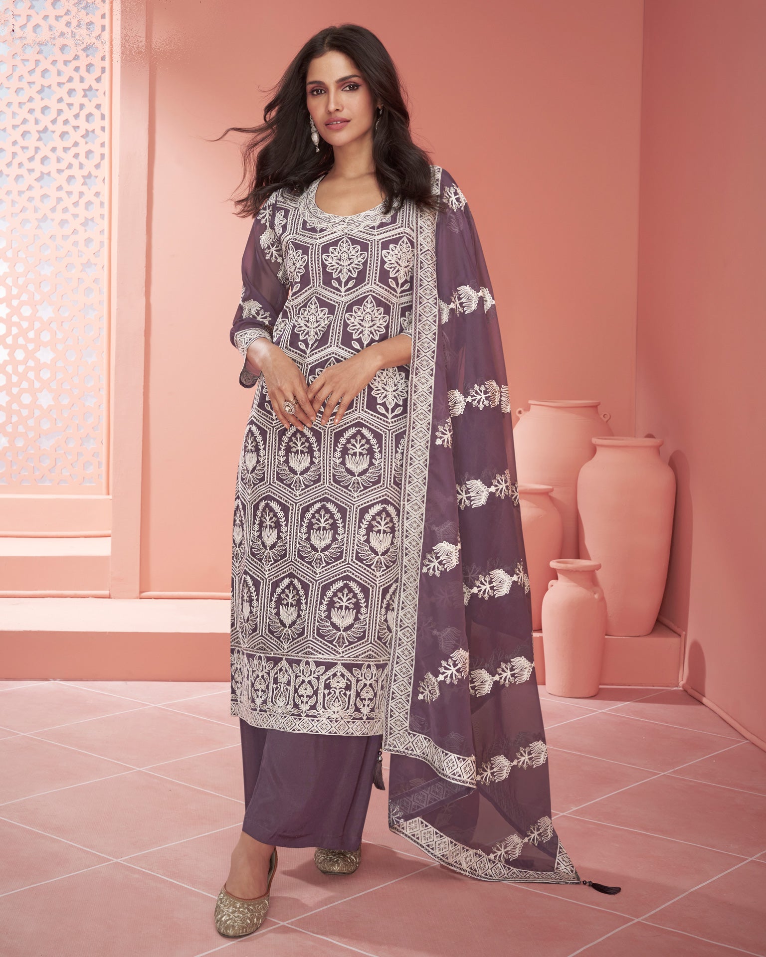 Lavender Organza Silk Thread Embroidered Palazzo Suit With Embroidered Organza Dupatta