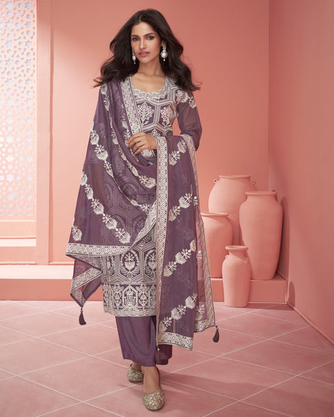 Lavender Organza Silk Thread Embroidered Palazzo Suit With Embroidered Organza Dupatta