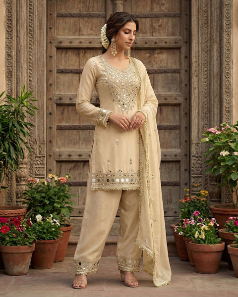 Beige Simar Silk Mirror Work Readymade Short Kurta For Woman With Palazzo Pant