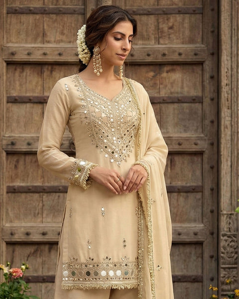 Beige Simar Silk Mirror Work Readymade Short Kurta For Woman With Palazzo Pant