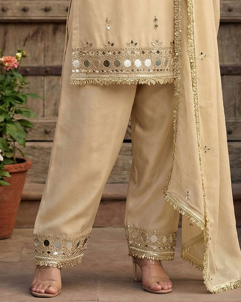 Beige Simar Silk Mirror Work Readymade Short Kurta For Woman With Palazzo Pant