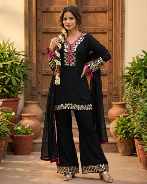 Black Simar Silk Mirror Work Readymade Short Kurta For Woman With Palazzo Pant