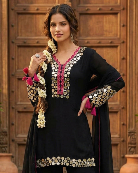 Black Simar Silk Mirror Work Readymade Short Kurta For Woman With Palazzo Pant