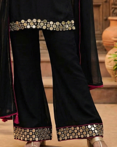 Black Simar Silk Mirror Work Readymade Short Kurta For Woman With Palazzo Pant