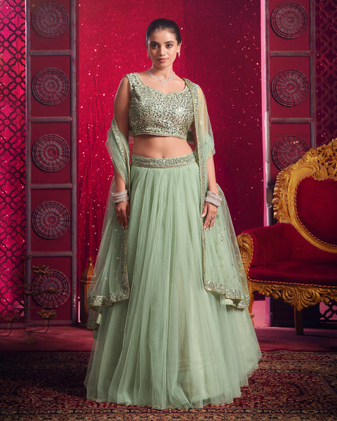 Light Pista Green Net Sequins Work Wedding Wear Women Customized Lehenga Choli