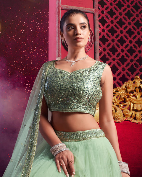 Light Pista Green Net Sequins Work Wedding Wear Women Customized Lehenga Choli