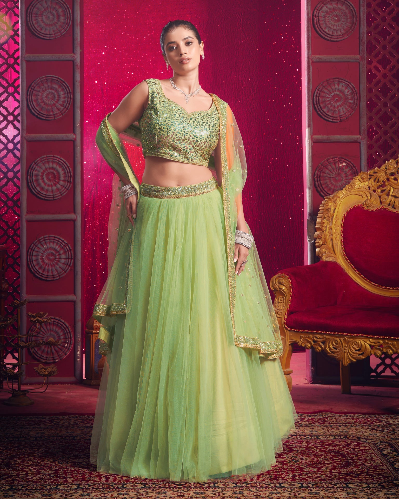 Dark Pista Green Net Sequins Work Wedding Wear Women Customized Lehenga Choli