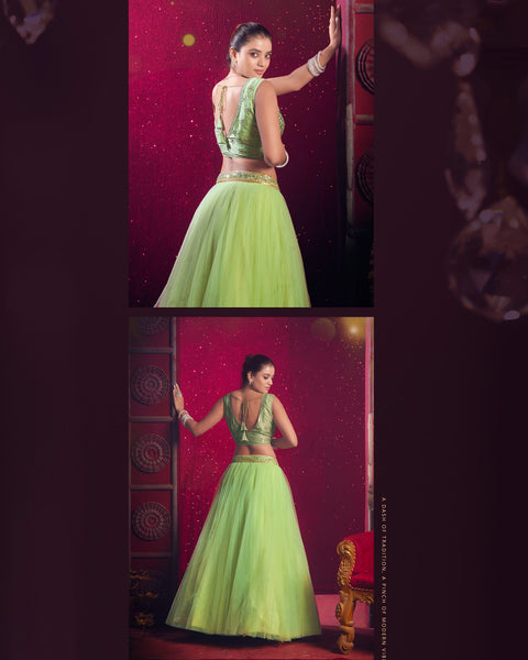 Dark Pista Green Net Sequins Work Wedding Wear Women Customized Lehenga Choli