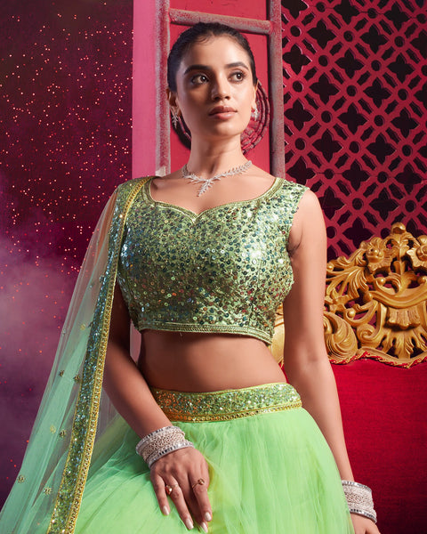 Dark Pista Green Net Sequins Work Wedding Wear Women Customized Lehenga Choli