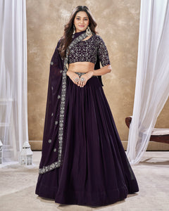 Dark Purple Faux Georgette Sequins Work Customized Women Lehenga Choli With Embroidered Dupatta