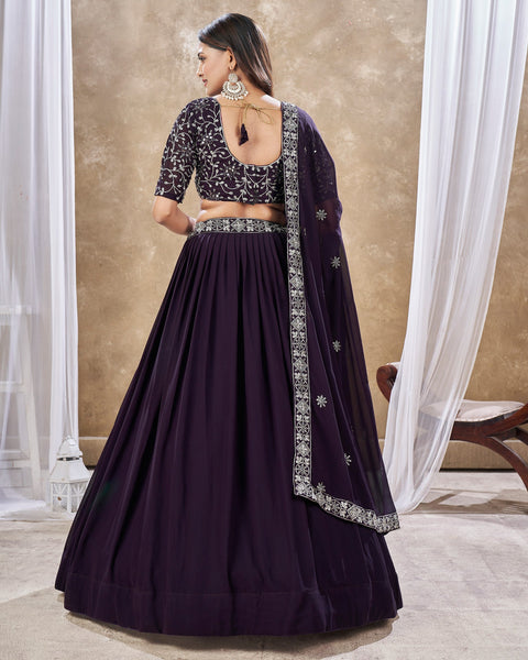 Dark Purple Faux Georgette Sequins Work Customized Women Lehenga Choli With Embroidered Dupatta