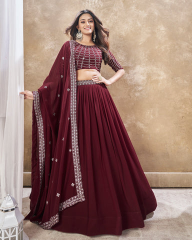 Maroon Faux Georgette Sequins Work Customized Women Lehenga Choli With Embroidered Dupatta