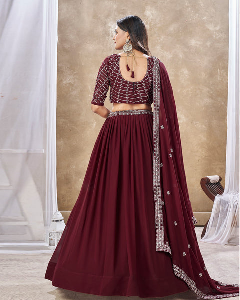 Maroon Faux Georgette Sequins Work Customized Women Lehenga Choli With Embroidered Dupatta