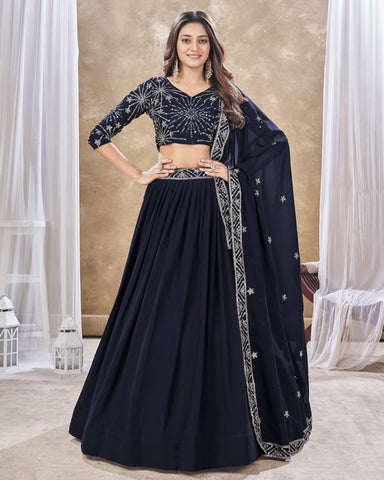 Navy Blue Faux Georgette Sequins Work Customized Women Lehenga Choli With Embroidered Dupatta