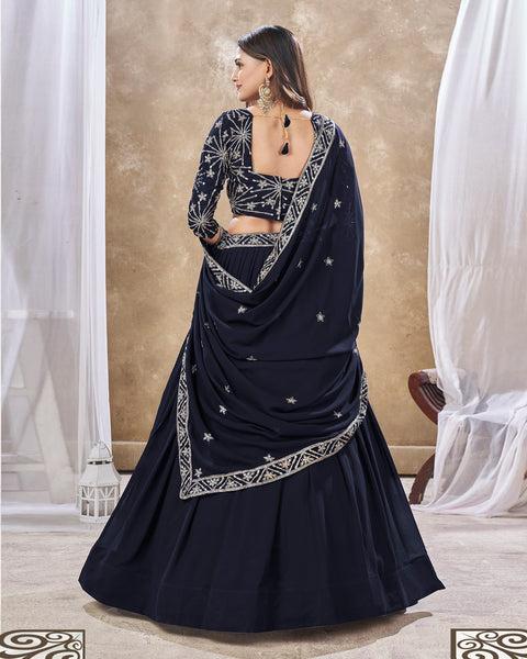 Navy Blue Faux Georgette Sequins Work Customized Women Lehenga Choli With Embroidered Dupatta