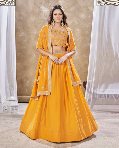 Yellow Faux Georgette Sequins Work Customized Women Lehenga Choli With Embroidered Dupatta