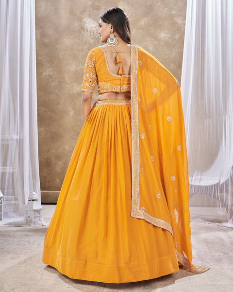 Yellow Faux Georgette Sequins Work Customized Women Lehenga Choli With Embroidered Dupatta