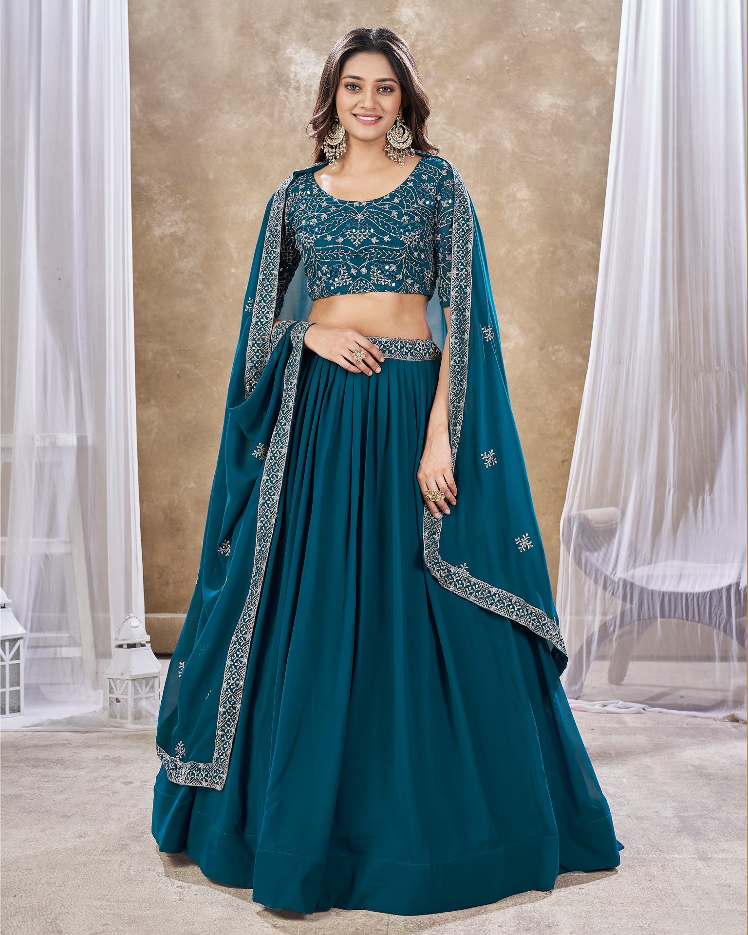 Blue Faux Georgette Sequins Work Customized Women Lehenga Choli With Embroidered Dupatta