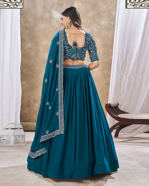 Blue Faux Georgette Sequins Work Customized Women Lehenga Choli With Embroidered Dupatta