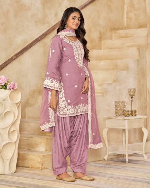 Pink Roman Silk Embroidered Women Unstitched Patiala Salwar Kameez
