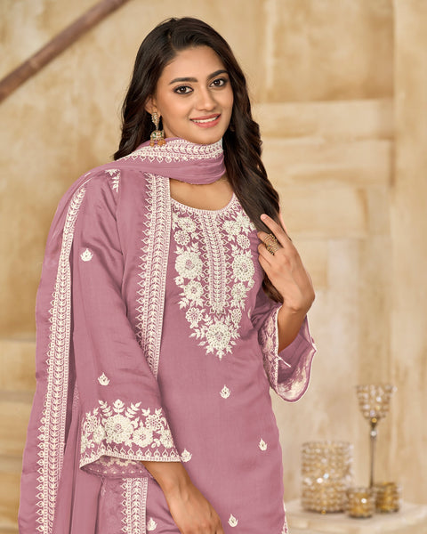 Pink Roman Silk Embroidered Women Unstitched Patiala Salwar Kameez