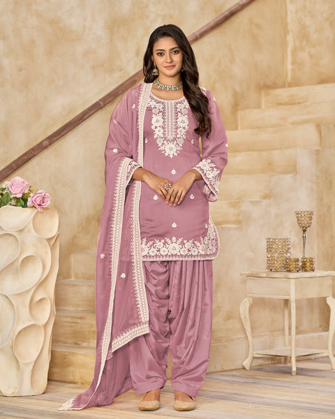 Pink Roman Silk Embroidered Women Unstitched Patiala Salwar Kameez