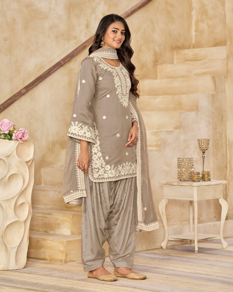 Beige Roman Silk Embroidered Women Unstitched Patiala Salwar Kameez