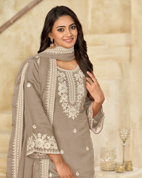 Beige Roman Silk Embroidered Women Unstitched Patiala Salwar Kameez