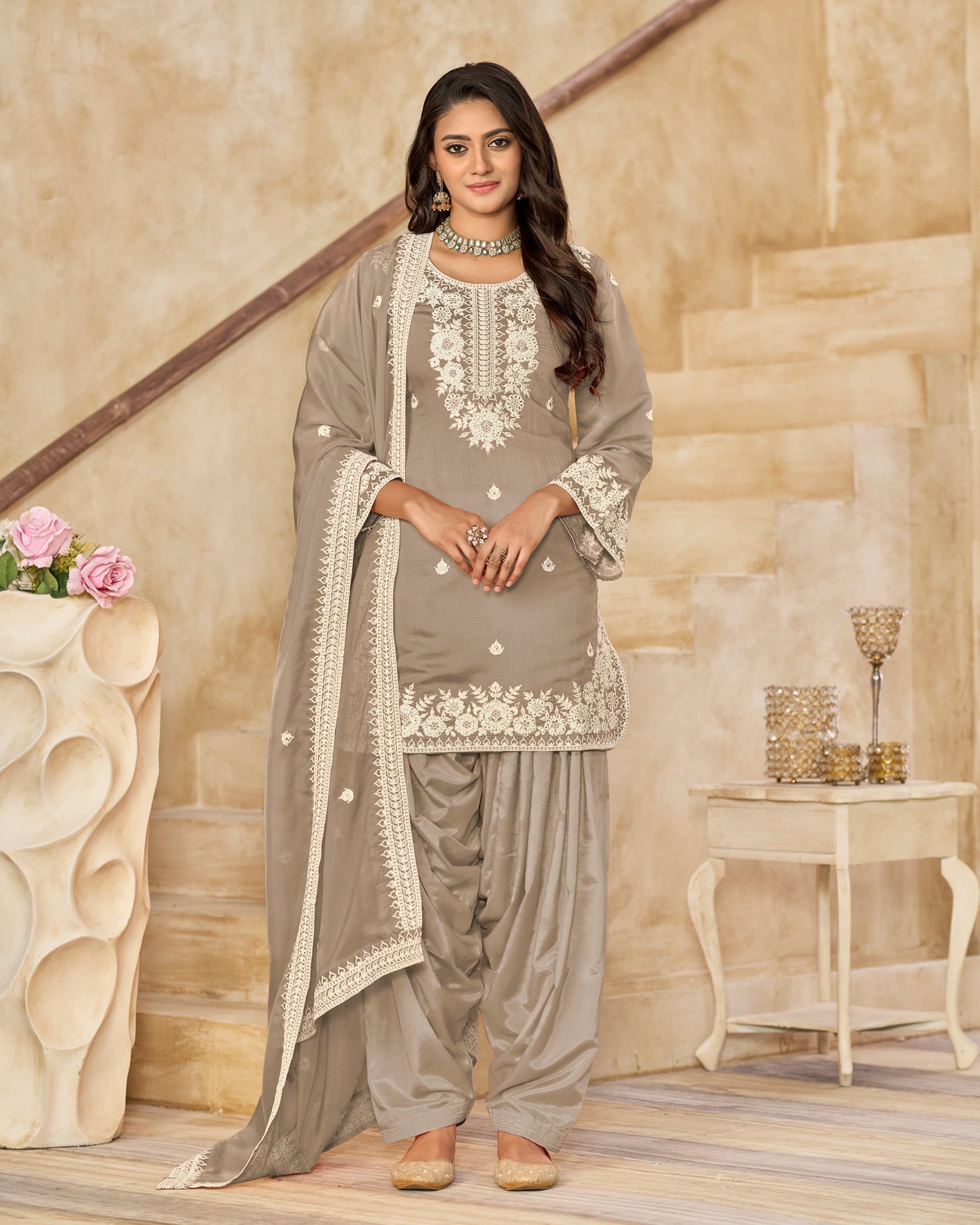Beige Roman Silk Embroidered Women Unstitched Patiala Salwar Kameez