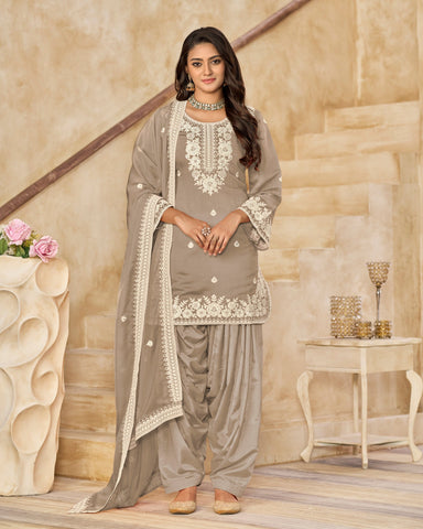Beige Roman Silk Embroidered Women Unstitched Patiala Salwar Kameez
