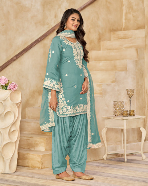 Sky Blue Roman Silk Embroidered Women Unstitched Patiala Salwar Kameez