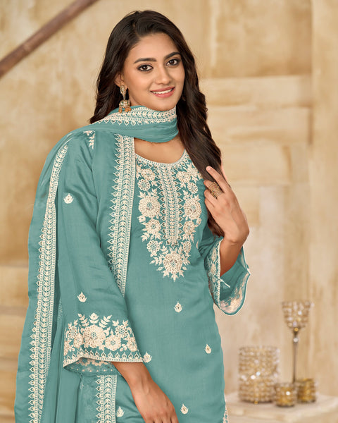 Sky Blue Roman Silk Embroidered Women Unstitched Patiala Salwar Kameez