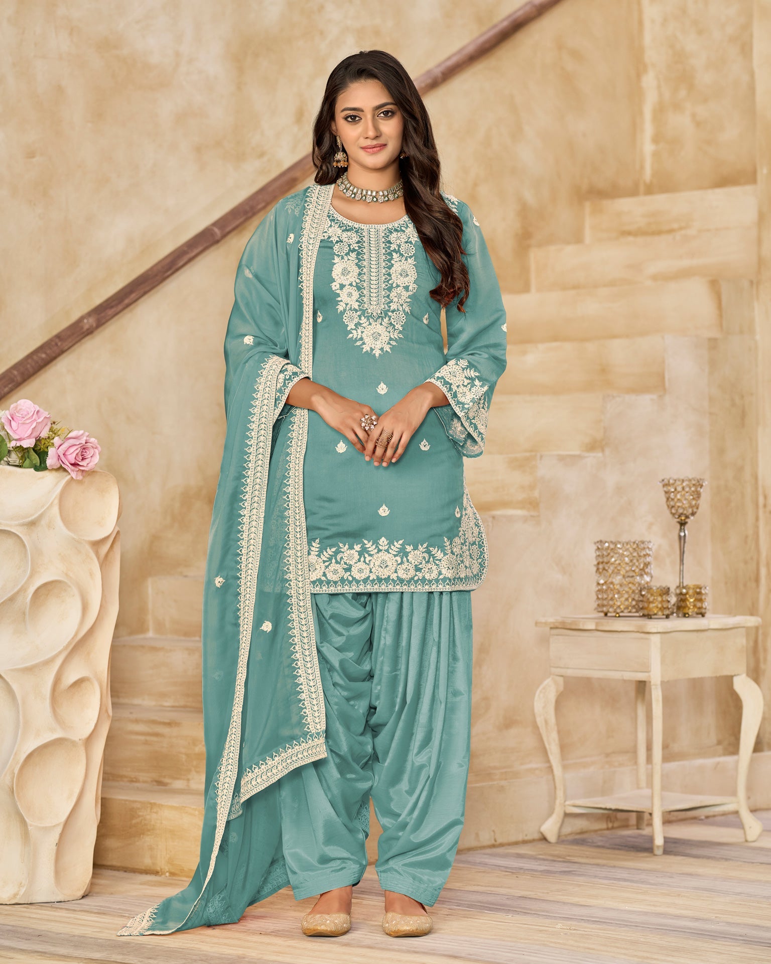 Sky Blue Roman Silk Embroidered Women Unstitched Patiala Salwar Kameez