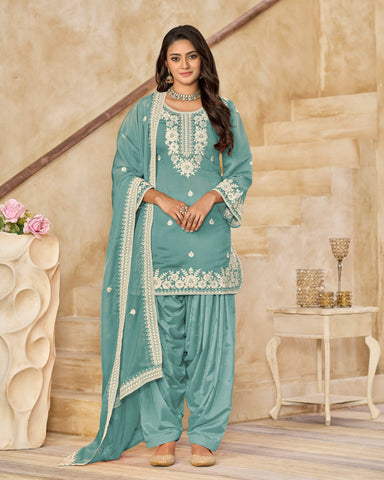 Sky Blue Roman Silk Embroidered Women Unstitched Patiala Salwar Kameez